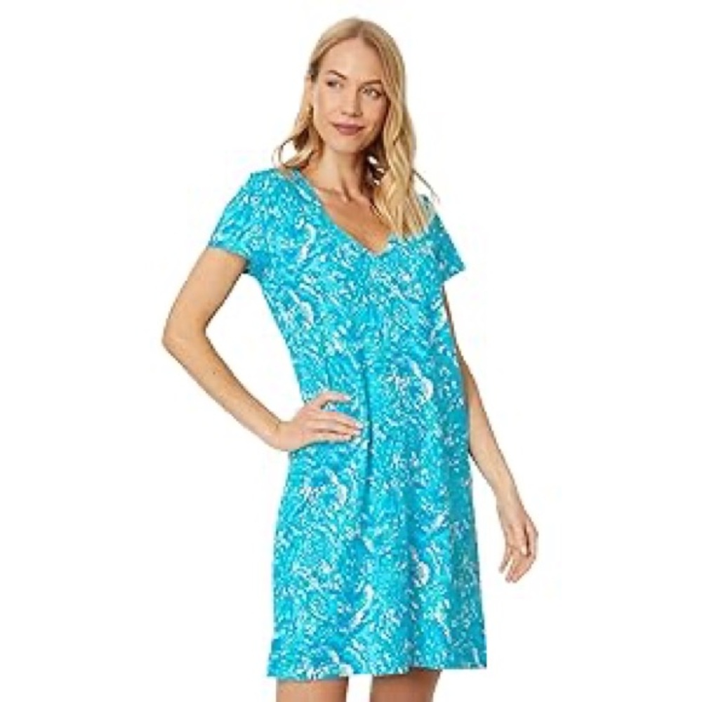 Lilly Pulitzer Etta Short Sleeve Dress in Surf Blue Coral Of The Story Sz M - Picture 1 of 12